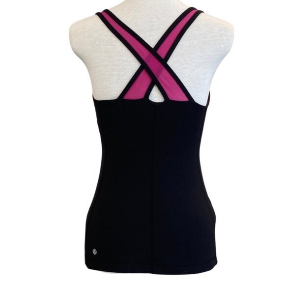 Lululemon black tank top with hot pink mesh cross cross straps. Women’s size 4-6 - Picture 2 of 9